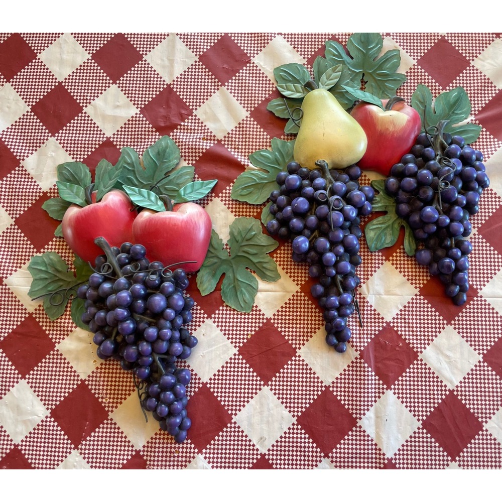 WMG 2006 Fruit Wall Decor Set Grapes Apples Pear Resin Metal Kitchen Art 2pc